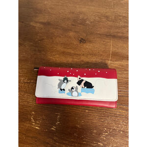 Radley London Red Leather Wallet Penguin Dog Appliqué Slim Bifold Zip Coin Purse